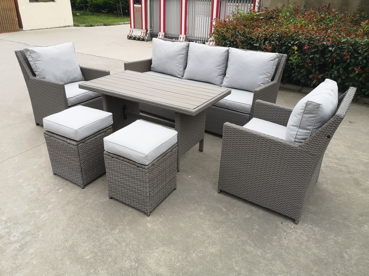 KD-042 brown wicker 8-seater corner dining set with white cushions